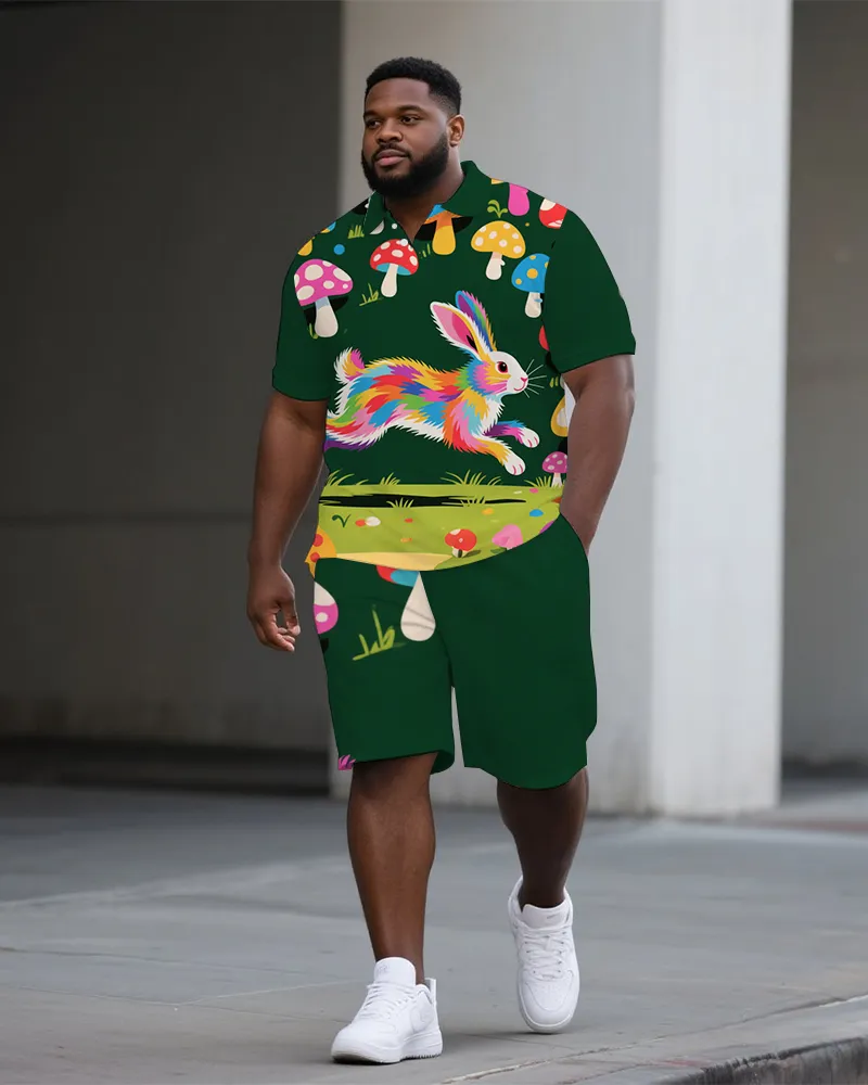 Big Man's Animal World Funny Rabbit Printed Casual Short-Sleeve Polo Shirt & Shorts Set sold by Biggmans