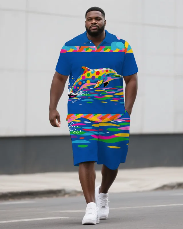 Big Guy's Dreamy Dolphin Abstract Cartoon Printed Casual Short-Sleeve Polo Shirt & Shorts Set sold by Biggmans