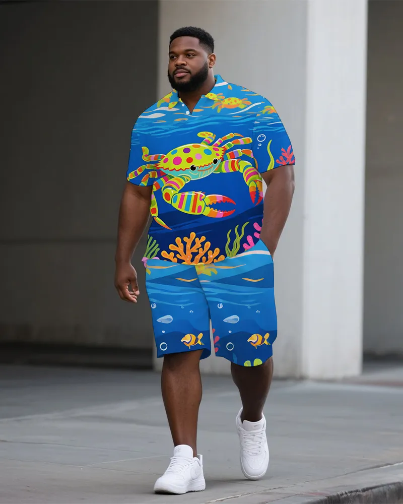 Big Man's Abstract Animal World Cute Crab Printed Casual Short-Sleeve Polo Shirt & Shorts Set sold by Biggmans