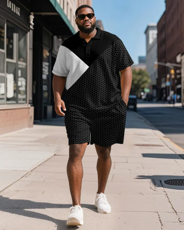 Men's Plus Size Daily Black And White Patchwork Printed Short-sleeved Polo Shirt Shorts Suit sold by Biggmans