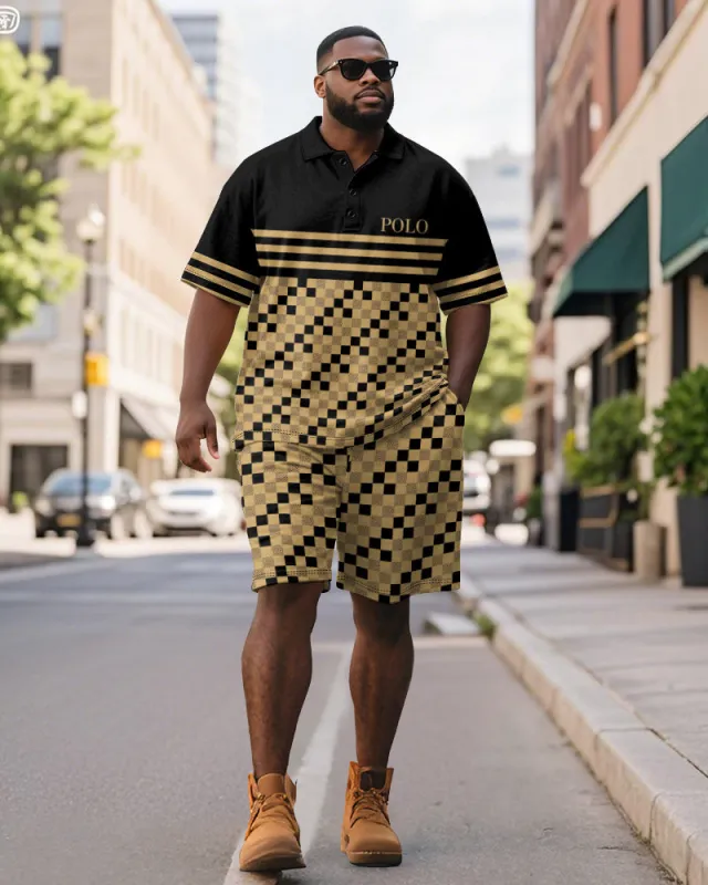Men's Plus Size Daily Black And Yellow Patchwork Letter Print Short-sleeved Polo Shirt Shorts Suit sold by Biggmans