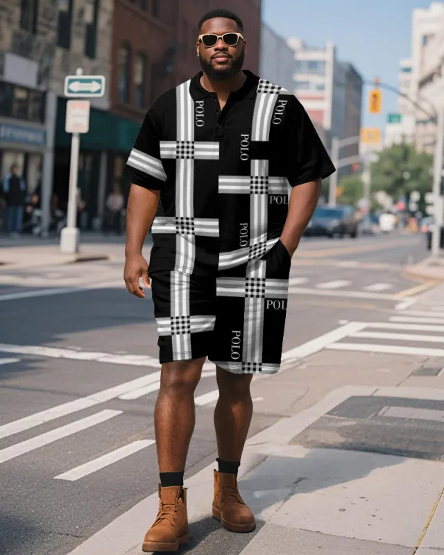Men's Plus Size Daily Black Stripe Patchwork Letter Print Short Sleeve Polo Shirt Shorts Suit sold by Biggmans
