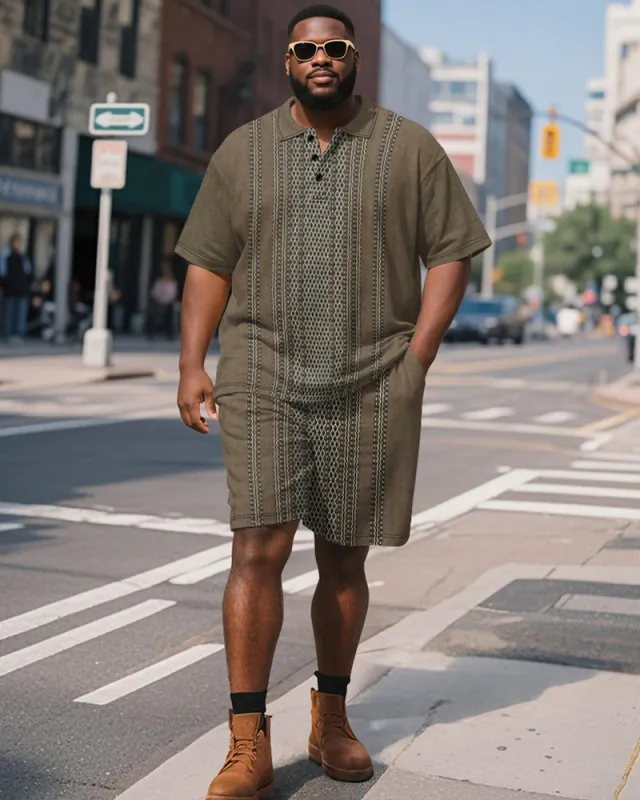 Men's Plus Size Business Brown Striped Print Short Sleeve Polo Shirt Shorts Suit sold by Biggmans