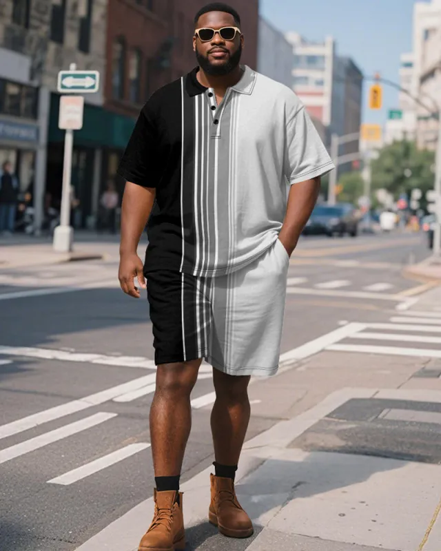 Men's Plus Size Business Black Gradient Stripe Print Short Sleeve Polo Shirt Shorts Suit sold by Biggmans