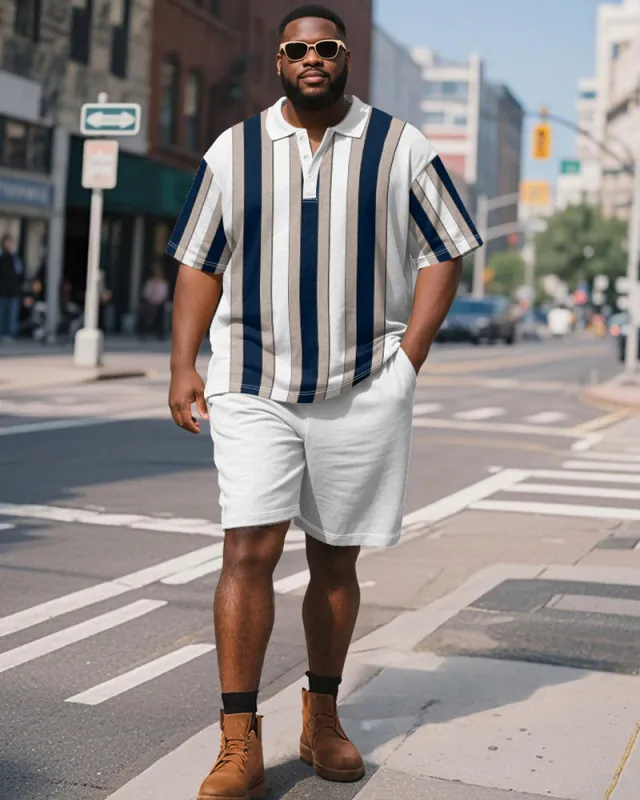 Men's Plus Size Business White Blue Stripe Print Short Sleeve Polo Shirt Shorts Suit sold by Biggmans