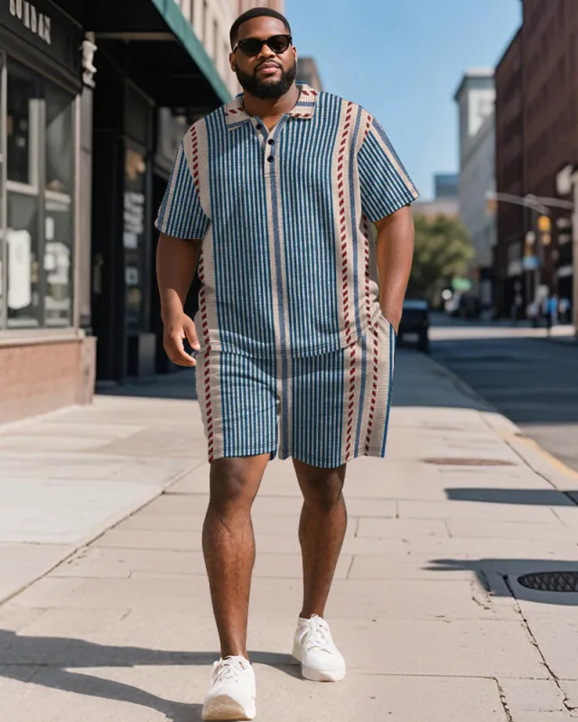 Men's Plus Size Business Blue Vintage Striped Print Short Sleeve Polo Shirt Shorts Suit sold by Biggmans