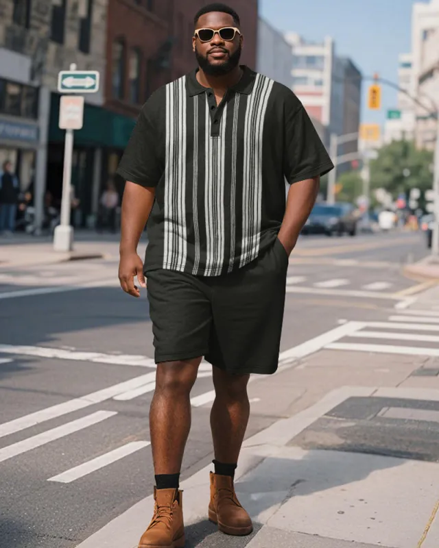Men's Plus Size Business Black Stripe Print Short Sleeve Polo Shirt Shorts Suit sold by Biggmans