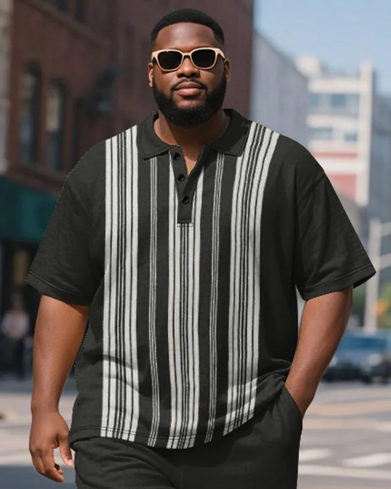 Men's Plus Size Business Black Stripe Print Short Sleeve Polo Shirt Shorts Suit sold by Biggmans product image thumbnail 3