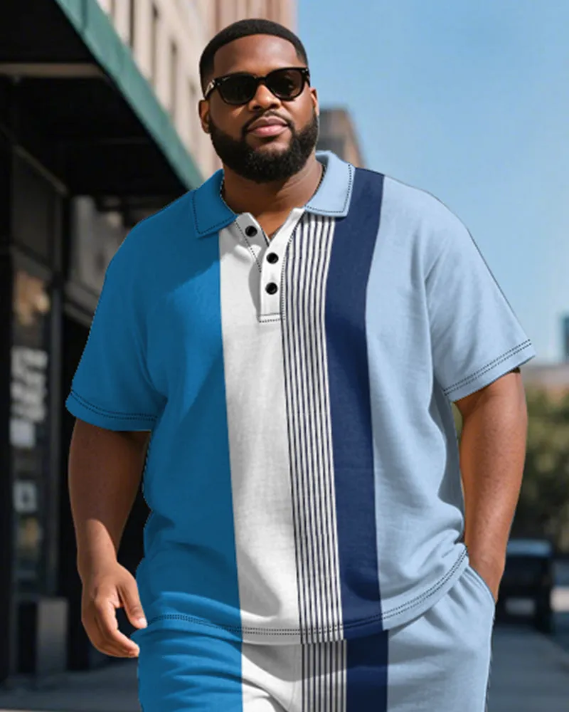 Men's Plus Size Business Blue Stripe Print Short Sleeve Polo Shirt Shorts Suit sold by Biggmans product image thumbnail 3