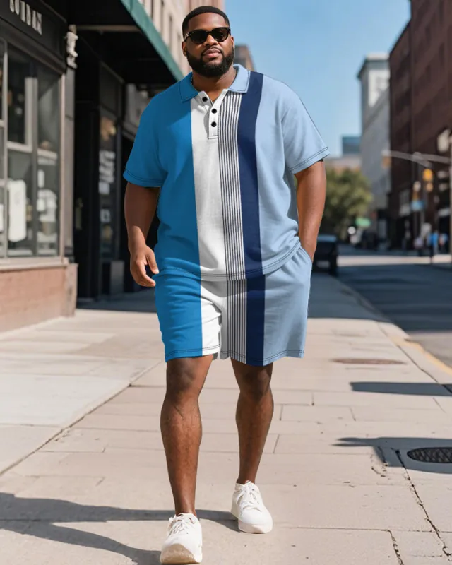 Men's Plus Size Business Blue Stripe Print Short Sleeve Polo Shirt Shorts Suit sold by Biggmans
