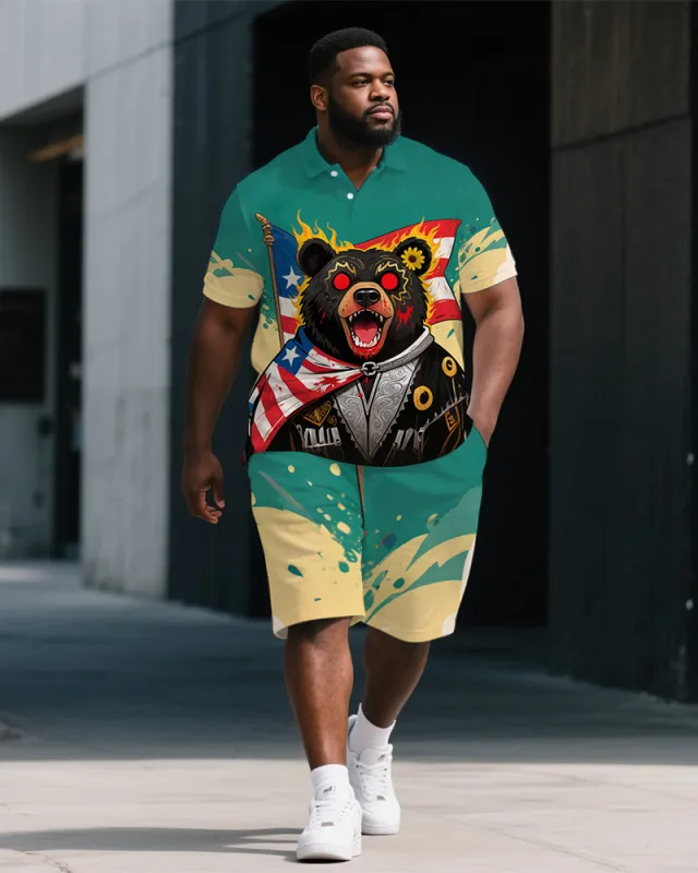 Big Men's Animal Theme USA Soldier Bear Cartoon Printed Short-Sleeve Polo Shirt & Shorts Set sold by Biggmans