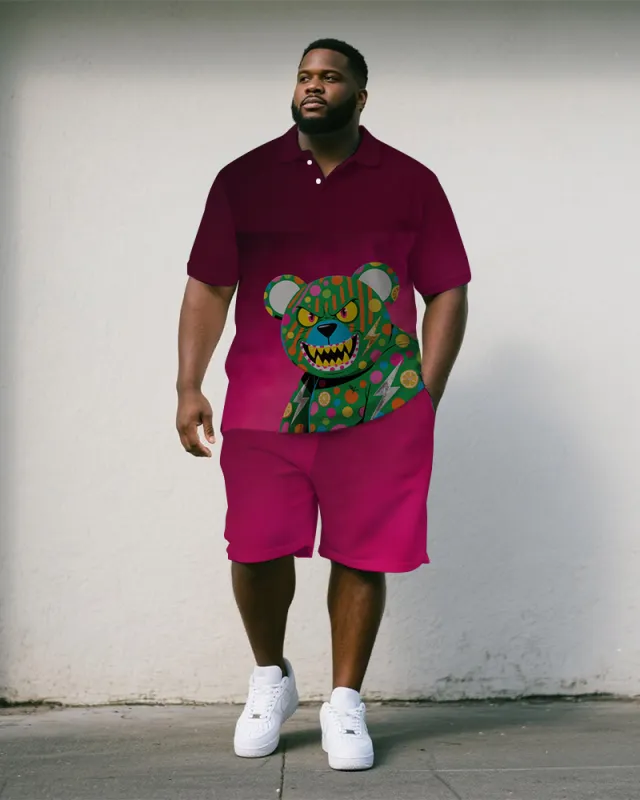 Big & Tall Man's Gradient Cunning Cartoon Bear Printed Short-Sleeve Polo Shirt & Shorts Set sold by Biggmans