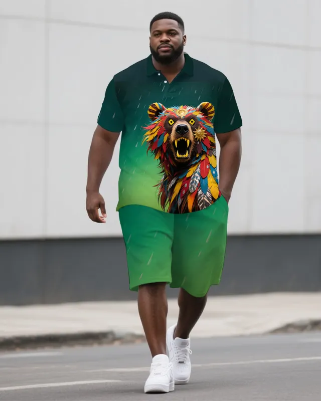 Big Man's Thriller Bear Cartoon Printed Casual Summer Short-Sleeve Polo Shirt & Shorts Set sold by Biggmans