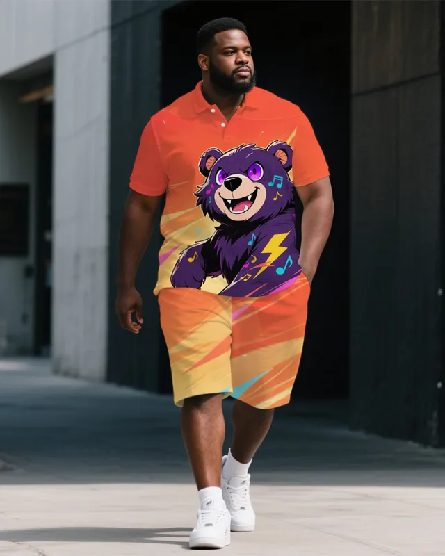 Big Men's Animal Theme Musical Bear Cartoon Printed Short-Sleeve Polo Shirt & Shorts Set sold by Biggmans
