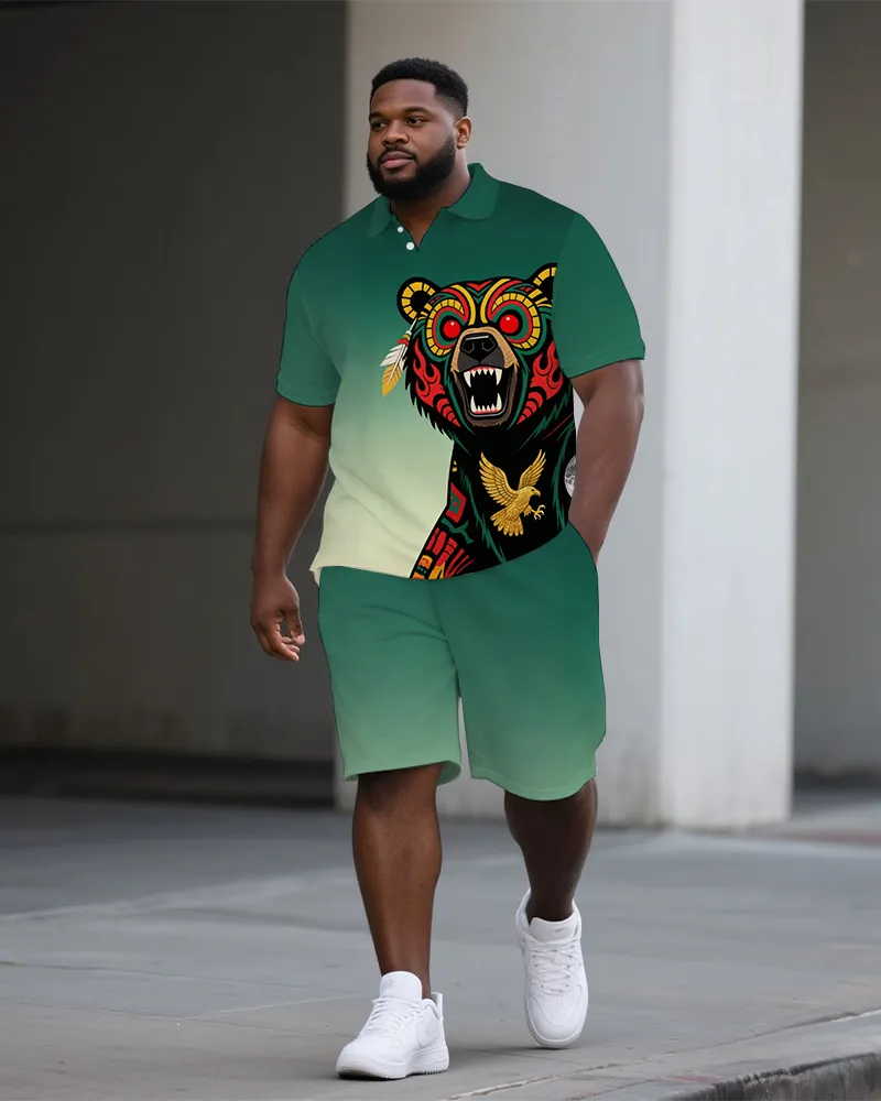 Big Man's Ethical Bear Cartoon Printed Gradient Summer Short-Sleeve Polo Shirt & Shorts Set sold by Biggmans