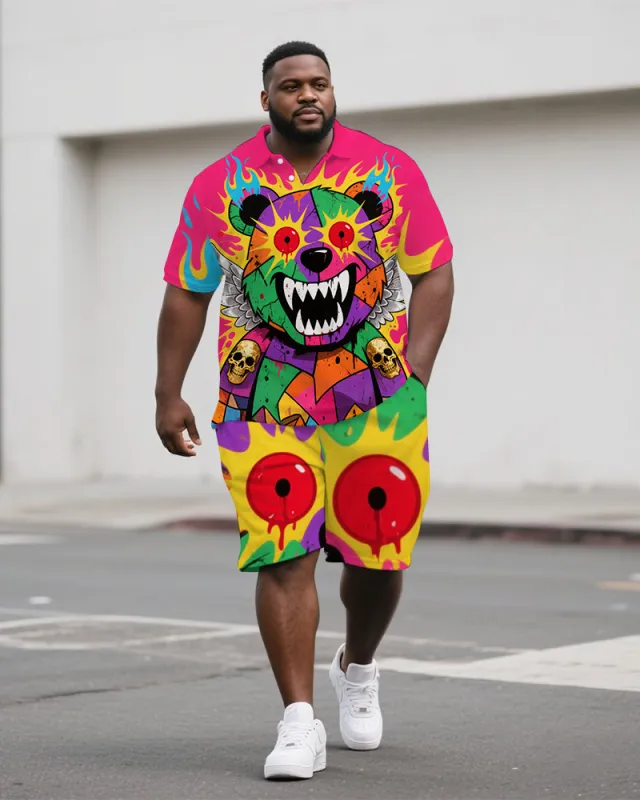Big Men's Hip Hop Style Cartoon Bear Printed Casual Short-Sleeve Polo Shirt Shorts Set sold by Biggmans