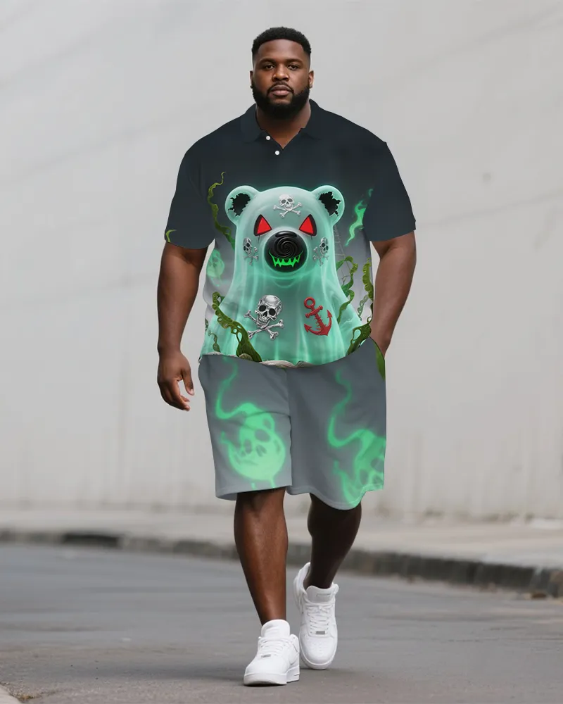 Big Men's Street Fashion Ghost Bear Printed Casual Short-Sleeve Polo Shirt Shorts Set sold by Biggmans