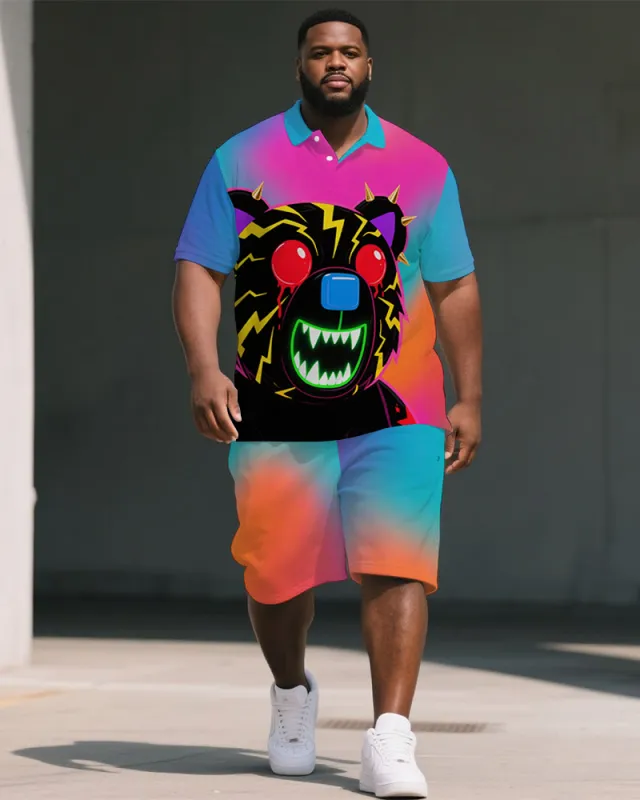 Men's Big Size Colorful Gradient Bear Silhouette Printed  Short-Sleeve Polo Shirt Shorts Set sold by Biggmans