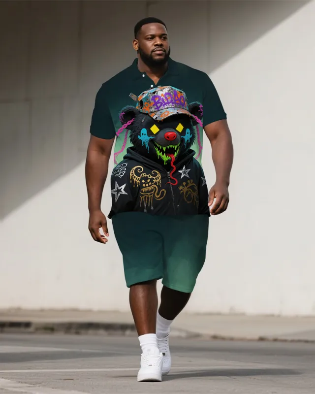 Men's Casual Hip Hop Bear Cartoon Printed Big and Tall Short-Sleeve Polo Shirt Shorts Set sold by Biggmans