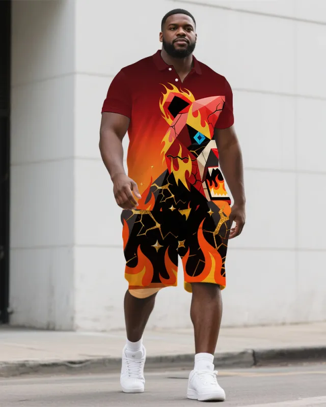 Big & Tall Guy's Gradient Angry Cartoon Bear Printed Casual Short-Sleeve Polo Shirt Shorts Set sold by Biggmans