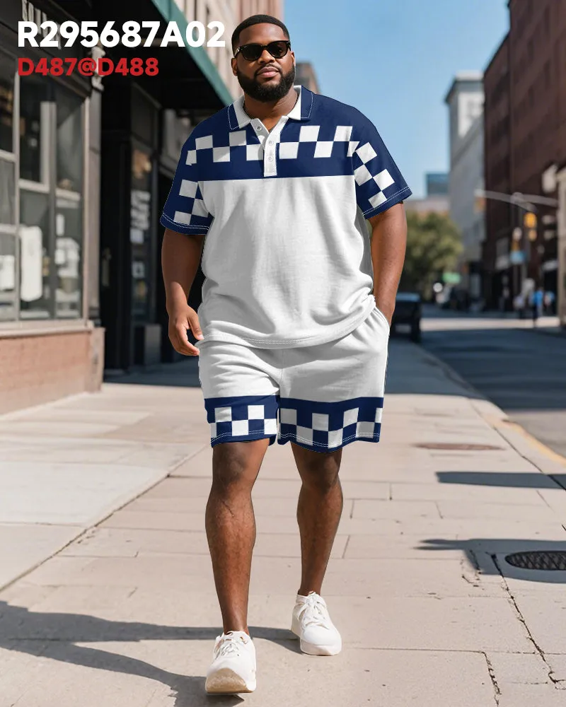 Men's Plus Size Business Blue Colorblock Checker Print Short-sleeved Polo Shirt Shorts Suit sold by Biggmans product image thumbnail 5