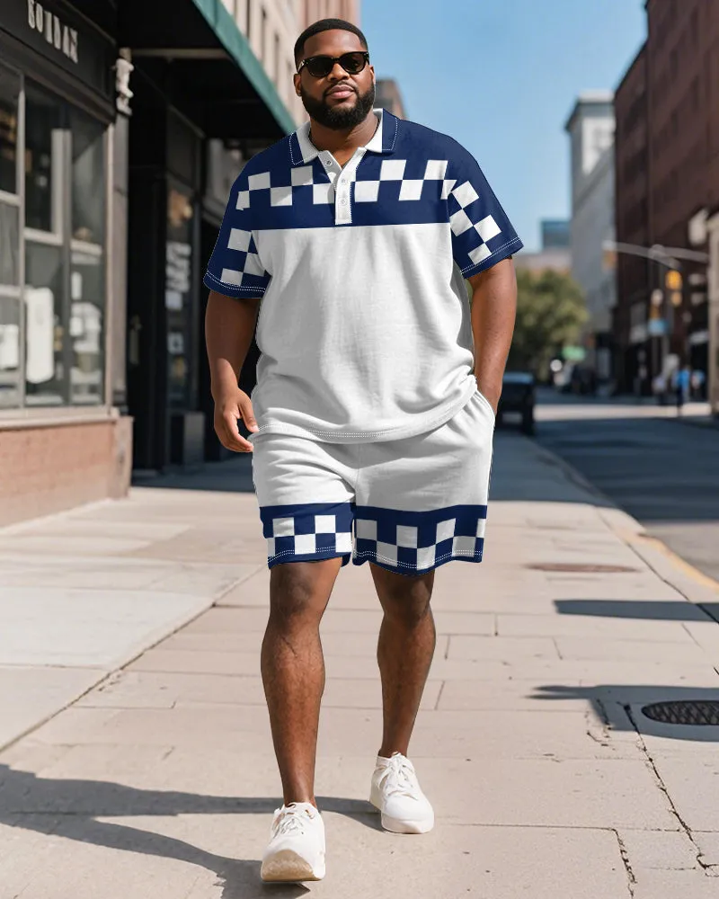 Men's Plus Size Business Blue Colorblock Checker Print Short-sleeved Polo Shirt Shorts Suit sold by Biggmans product image thumbnail 2