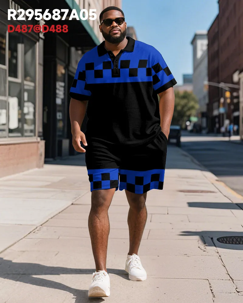 Men's Plus Size Business Blue Colorblock Checker Print Short-sleeved Polo Shirt Shorts Suit sold by Biggmans product image thumbnail 4