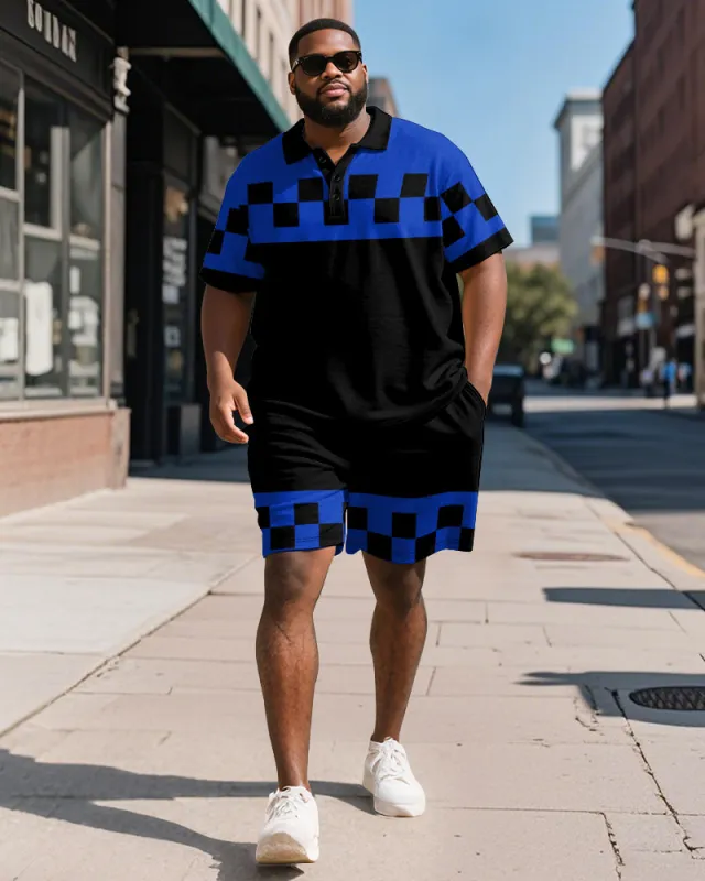 Men's Plus Size Business Blue Colorblock Checker Print Short-sleeved Polo Shirt Shorts Suit sold by Biggmans