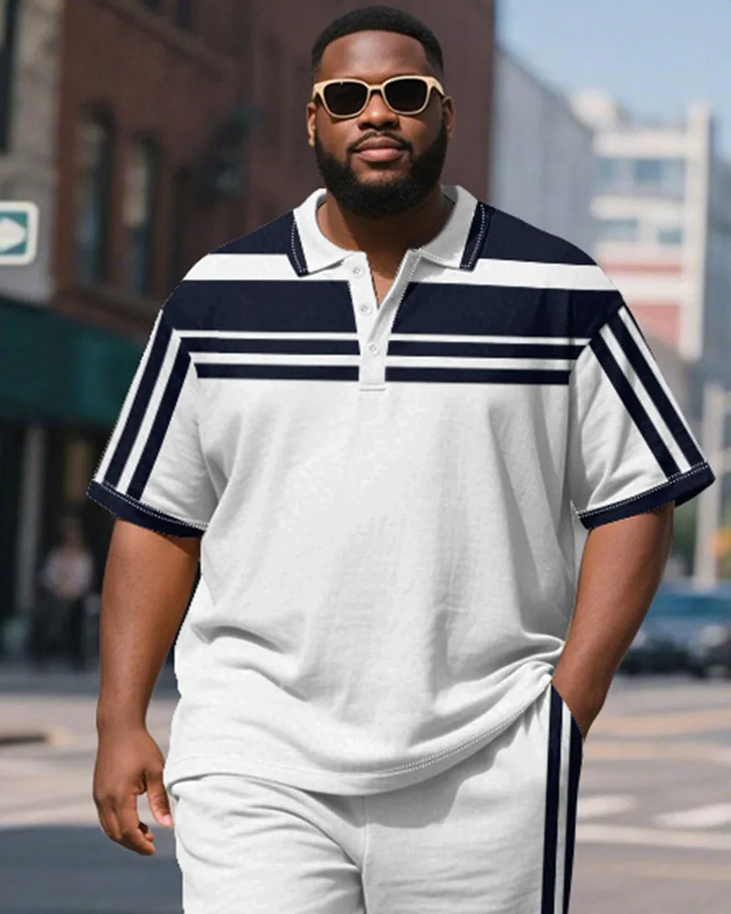 Men's Plus Size Business Blue Stripe Print Short Sleeve Polo Shirt Shorts Suit sold by Biggmans product image thumbnail 3