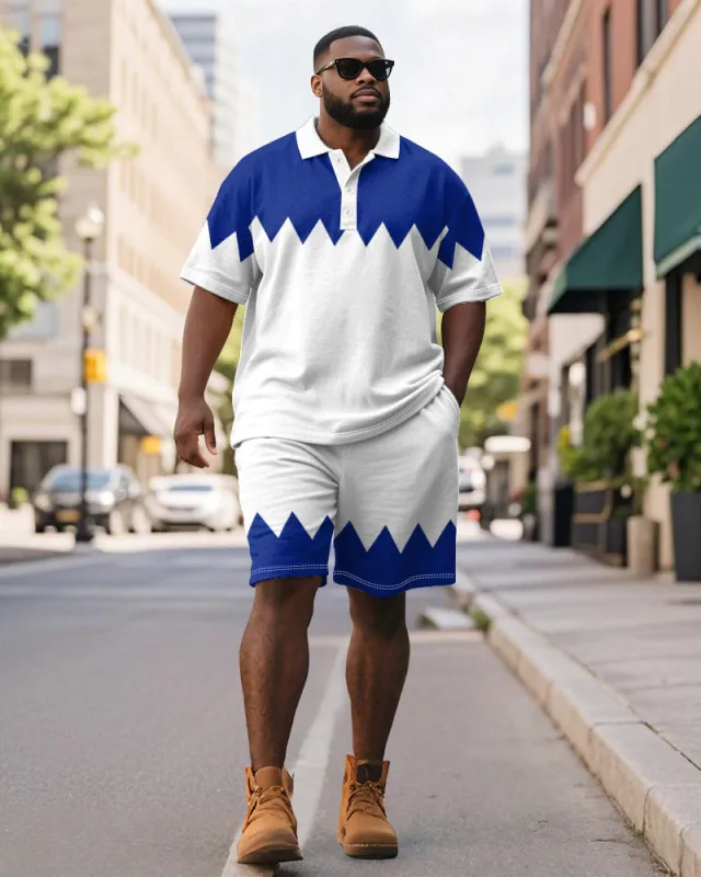 Men's Plus Size Business Blue Geometric Colorblock Print Short-sleeved Polo Shirt Shorts Suit sold by Biggmans