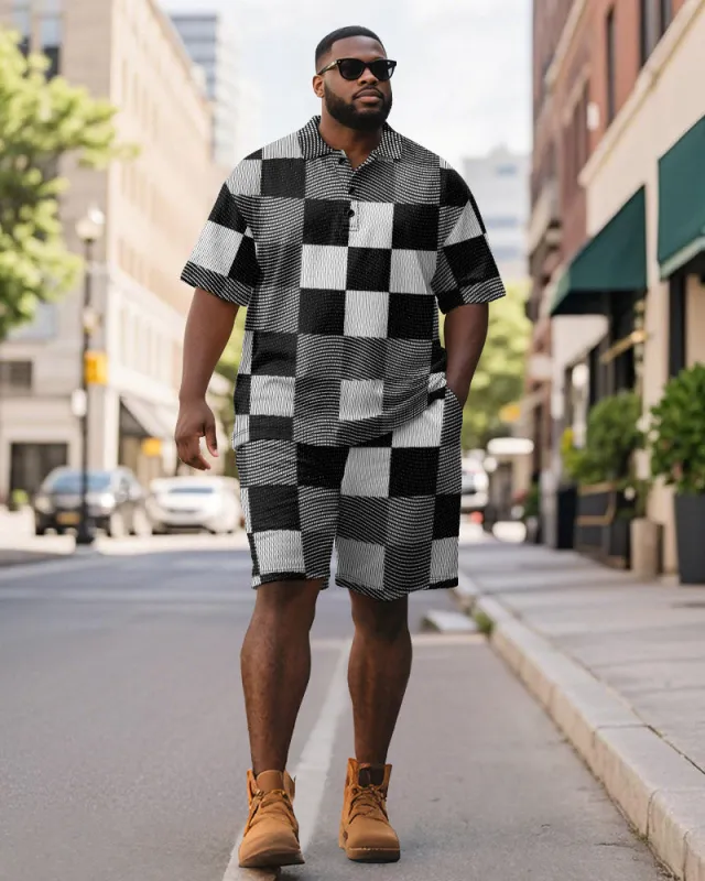 Men's Plus Size Business Black Checkerboard Print Short Sleeve Polo Shirt Shorts Suit sold by Biggmans