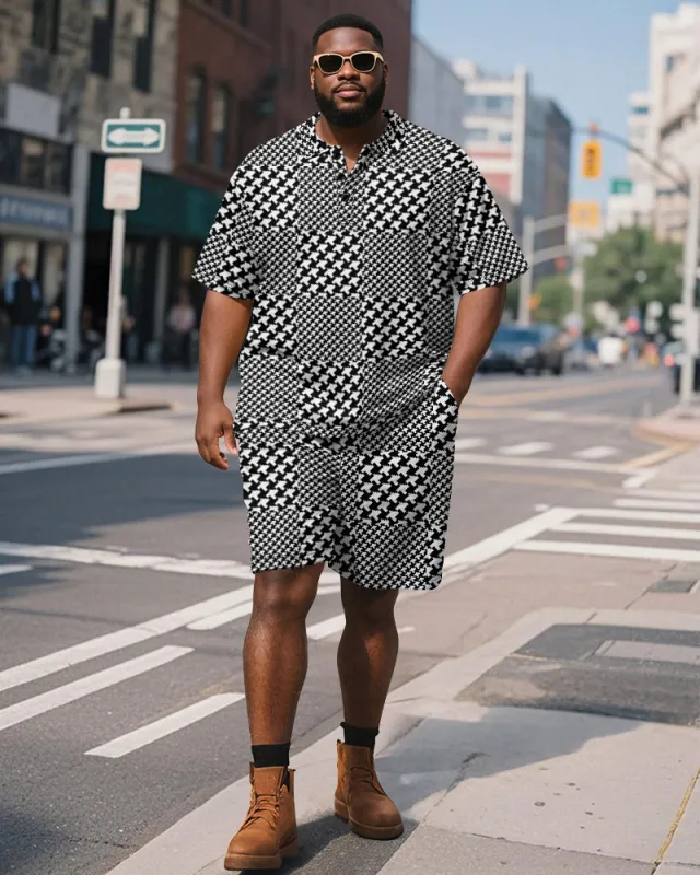 Men's Plus Size Business Houndstooth Checkerboard Printed Short Sleeve Polo Shirt Shorts Suit sold by Biggmans