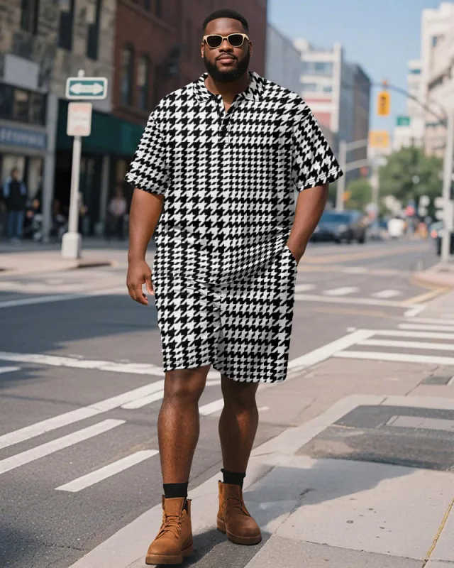 Men's Plus Size Business Black Houndstooth Print Short Sleeve Polo Shirt Shorts Suit sold by Biggmans