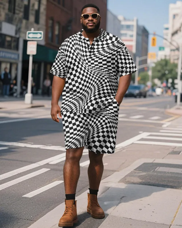 Men's Plus Size Business Black Wave Checkerboard Print Short Sleeve Polo Shirt Shorts Suit sold by Biggmans