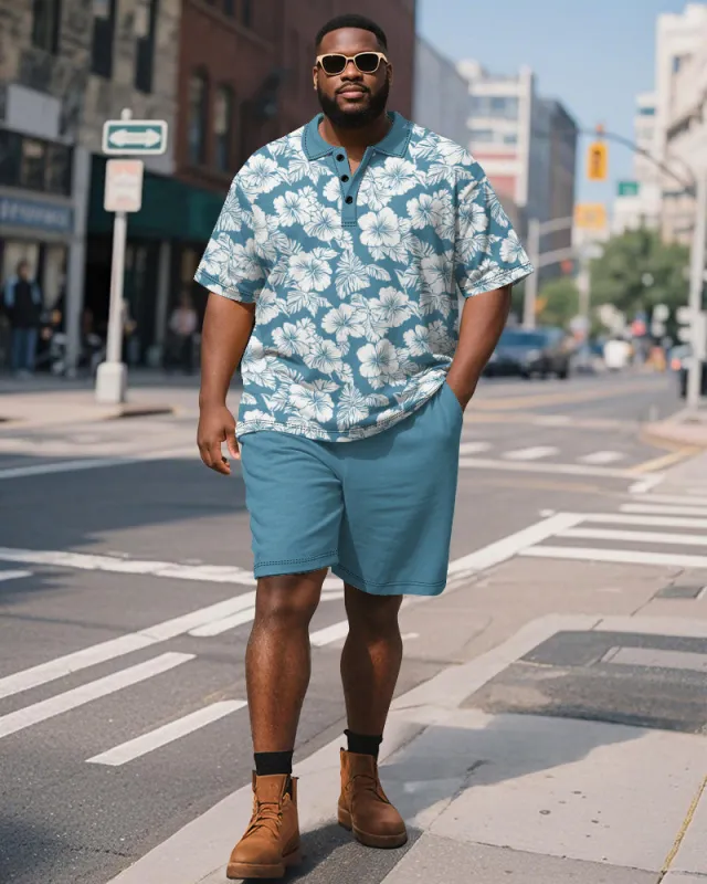 Big & Tall Men's Business Hawaiian Hasahi Leaf Printed Short Sleeve Polo Shirt Shorts Suit sold by Biggmans
