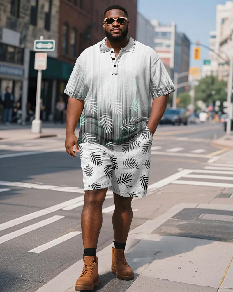 Big & Tall Men's Business Hawaiian Gradient Leaf Print Short Sleeve Polo Shirt Shorts Suit sold by Biggmans