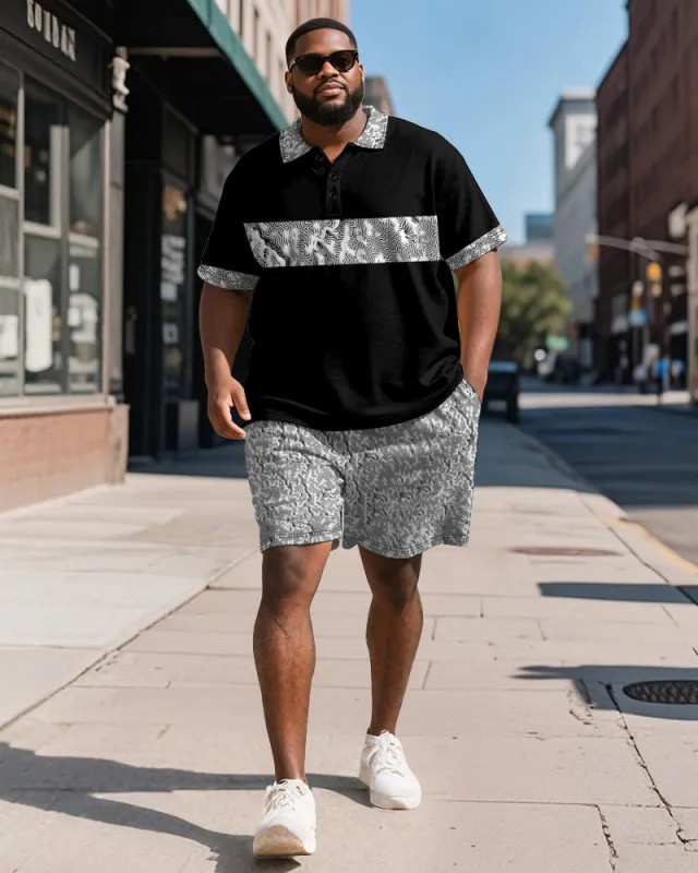 Big & Tall Men's Business Black Patchwork Printed Short Sleeve Polo Shirt Shorts Suit sold by Biggmans