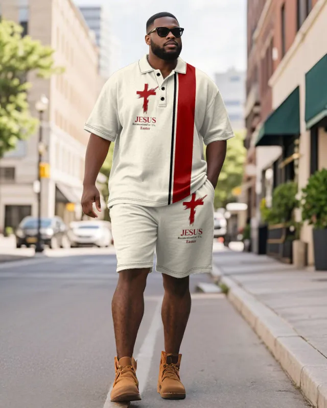 Big & Tall Men's Business Apricot Colorblock Striped Cross Print Short Sleeve Polo Shirt Shorts Suit sold by Biggmans