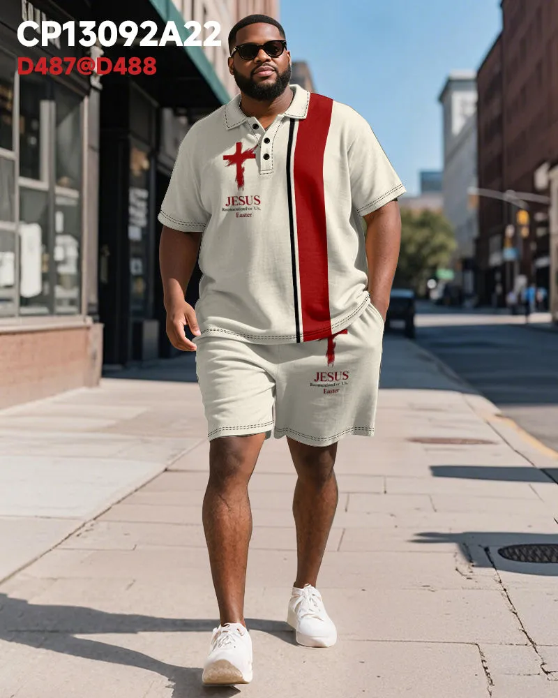 Big & Tall Men's Business Apricot Colorblock Striped Cross Print Short Sleeve Polo Shirt Shorts Suit sold by Biggmans product image thumbnail 2