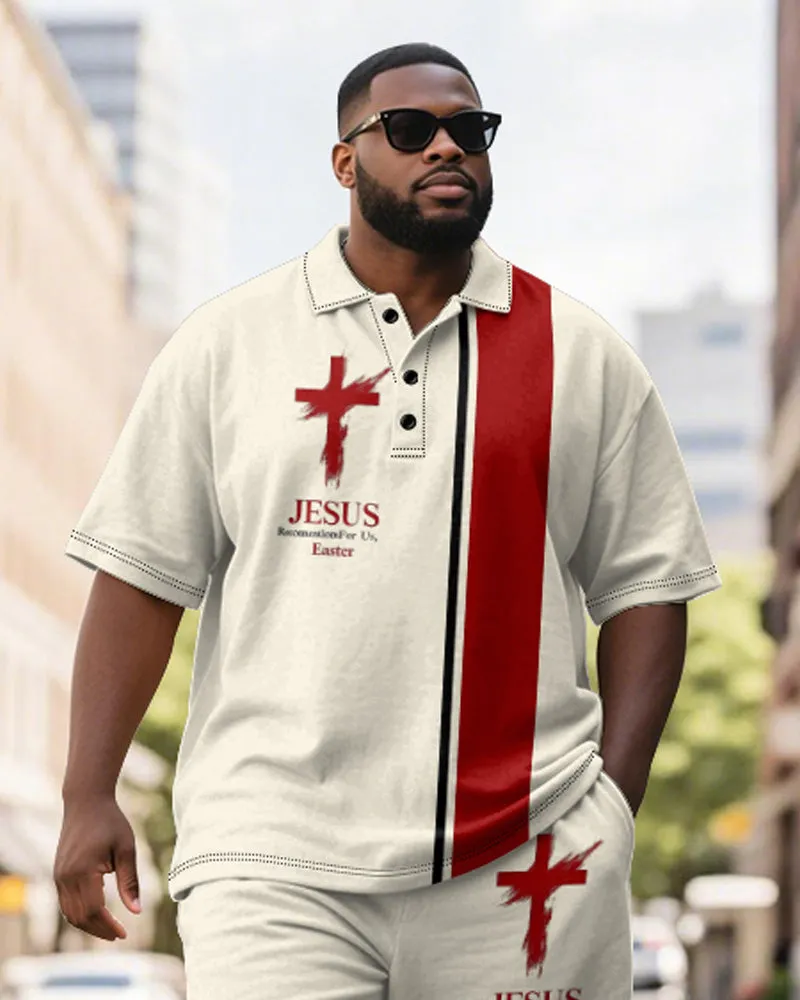 Big & Tall Men's Business Apricot Colorblock Striped Cross Print Short Sleeve Polo Shirt Shorts Suit sold by Biggmans product image thumbnail 3
