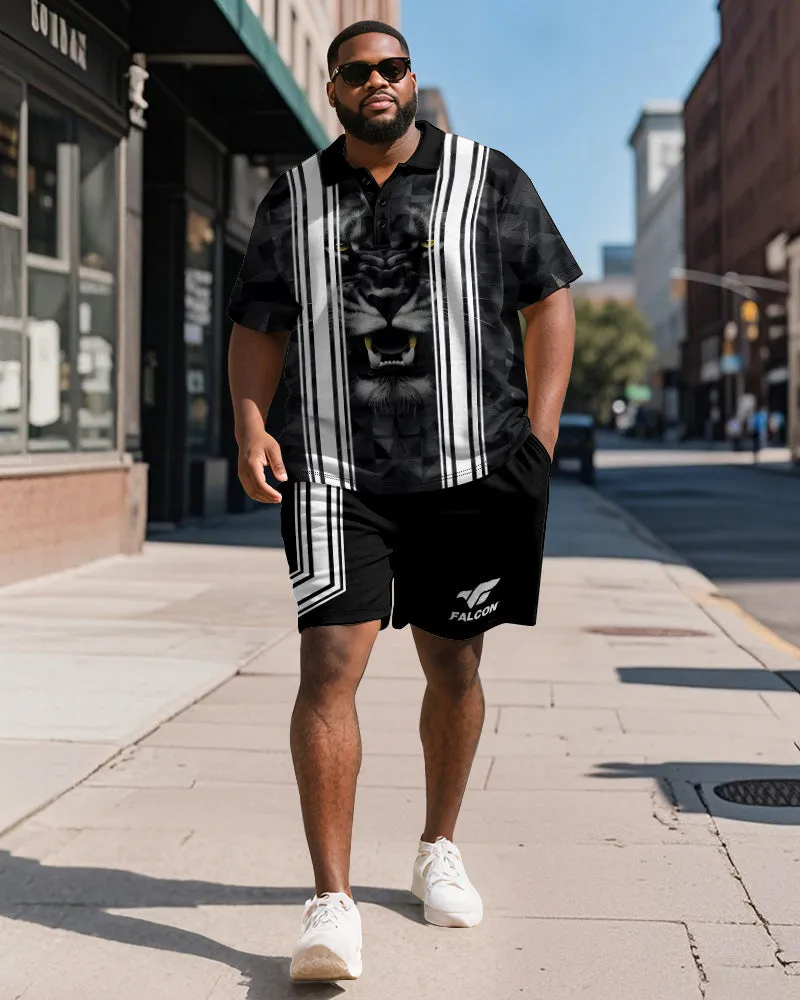 Big & Tall Men's Business Black Tiger Graffiti Stripe Print Short Sleeve Polo Shirt Shorts Suit sold by Biggmans