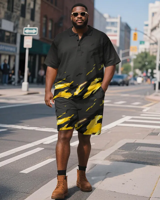 Big & Tall Men's Business Black Stroke Graffiti Print Short Sleeve Polo Shirt Shorts Suit sold by Biggmans