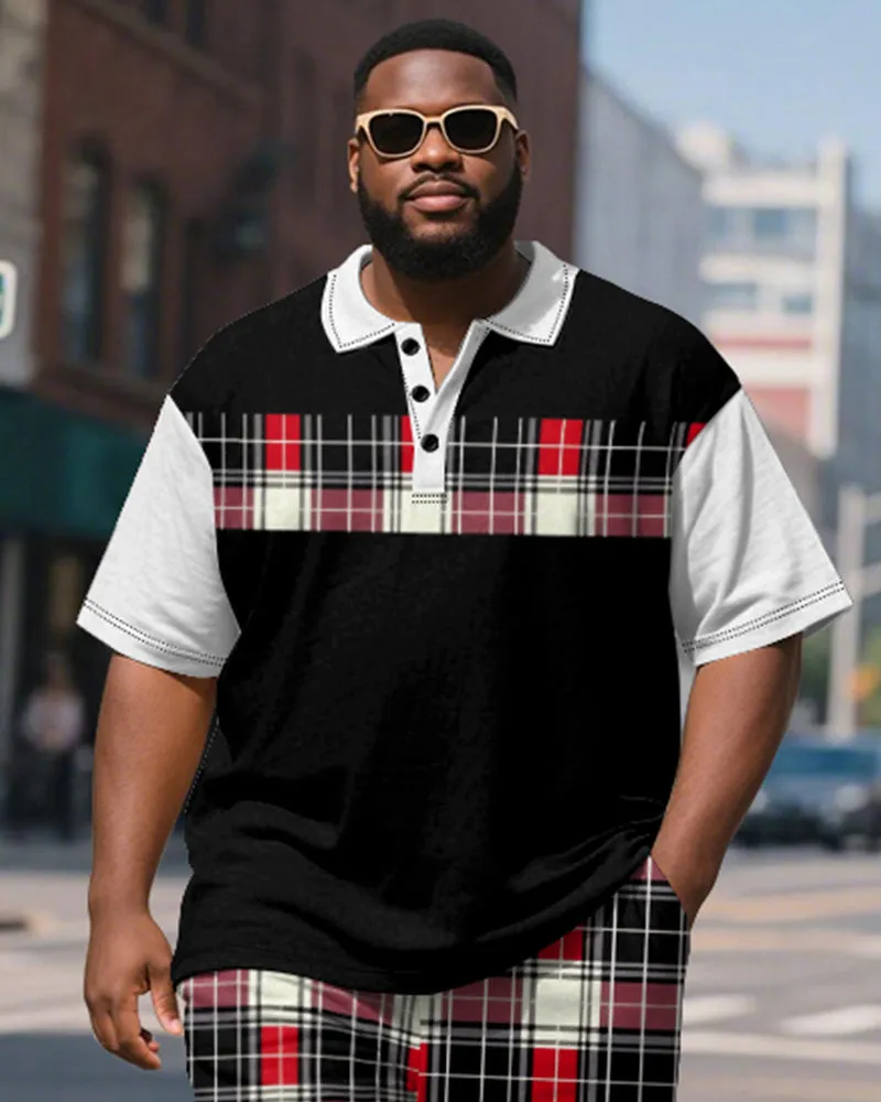 Big & Tall Men's Business Black And Red Color Block Plaid Printed Short Sleeve Polo Shirt Shorts Suit sold by Biggmans product image thumbnail 3