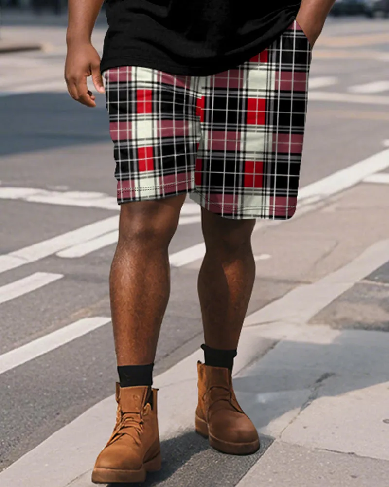 Big & Tall Men's Business Black And Red Color Block Plaid Printed Short Sleeve Polo Shirt Shorts Suit sold by Biggmans product image thumbnail 4