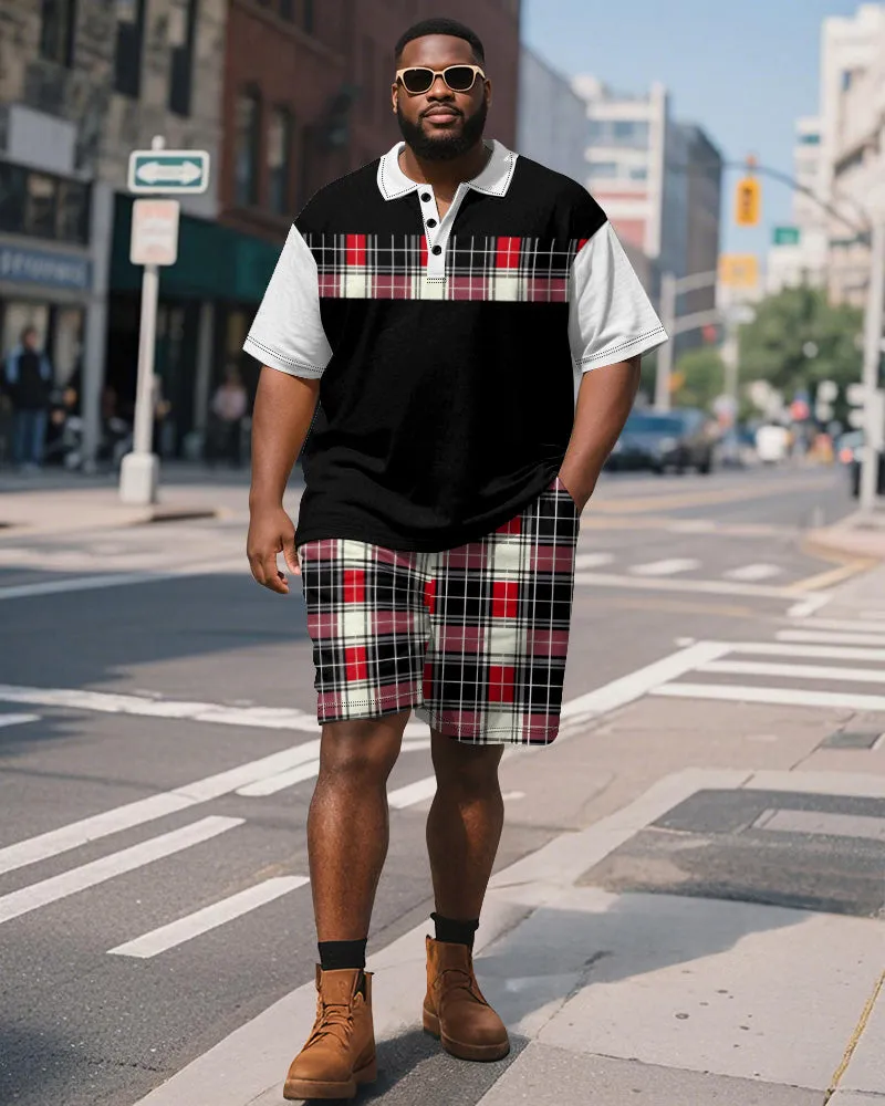 Big & Tall Men's Business Black And Red Color Block Plaid Printed Short Sleeve Polo Shirt Shorts Suit sold by Biggmans