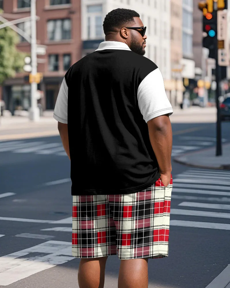 Big & Tall Men's Business Black And Red Color Block Plaid Printed Short Sleeve Polo Shirt Shorts Suit sold by Biggmans product image thumbnail 5