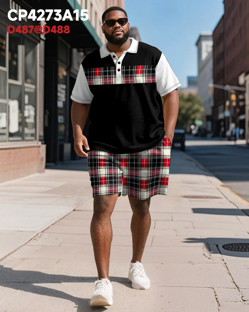 Big & Tall Men's Business Black And Red Color Block Plaid Printed Short Sleeve Polo Shirt Shorts Suit sold by Biggmans product image thumbnail 2