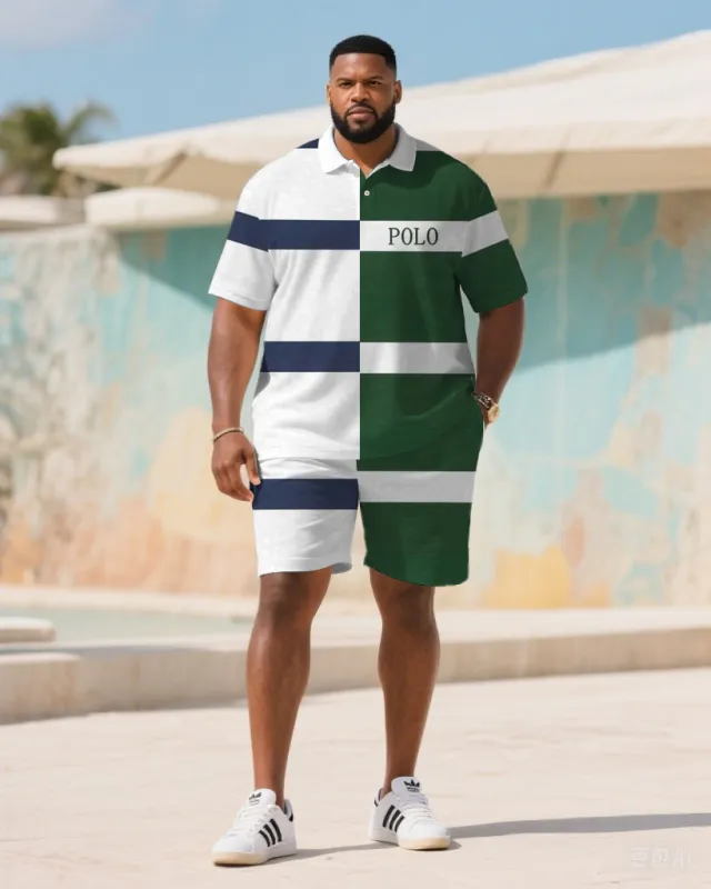 Big & Tall Men's Summer White & Green Geometric Colorblock Polo Short Sleeve Shirt Shorts Suit sold by Biggmans