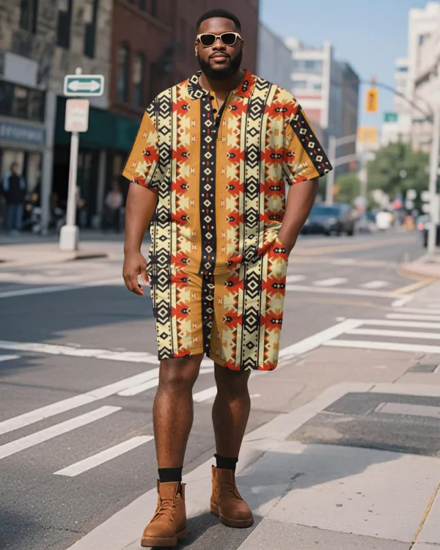 Big & Tall Men's Yellow Geometric Colorblock Diamond Print Short Sleeve Polo Shirt Shorts Suit sold by Biggmans