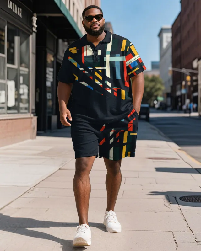 Big & Tall Men's Business Black Geometric Color Print Short Sleeve Polo Shirt Shorts Suit sold by Biggmans